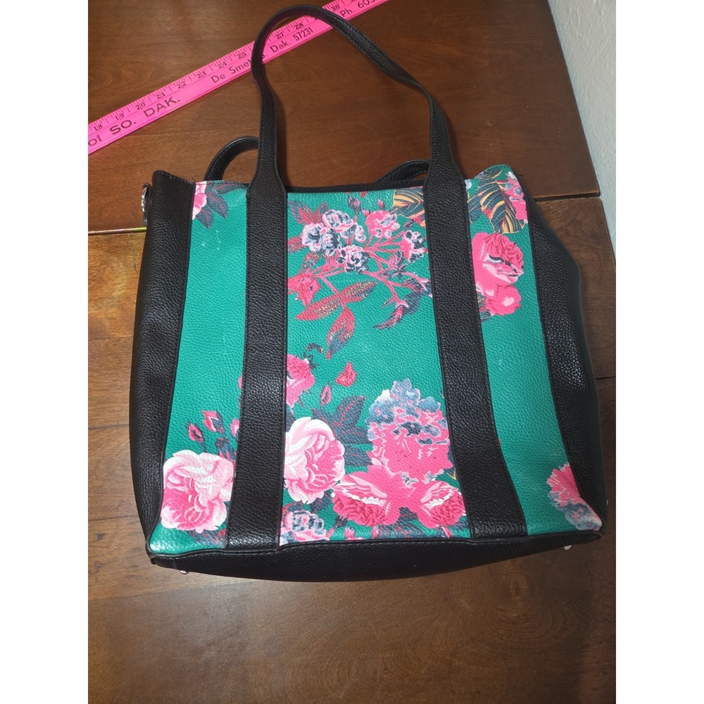 1990 Gold Steve Madden Floral Green Tote Purse Pink Flowers Shoulder Bag - Picture 3 of 6